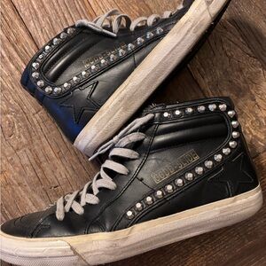 GOLDEN GOOSE Black Leather Studded Slide High Top Distressed Sneakers Sz 8 US